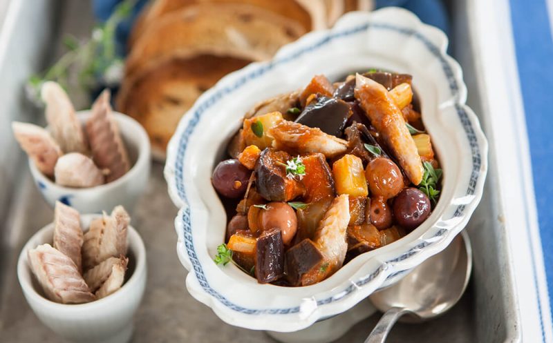 Eggplant and Mackerel Caponata with Croutons
