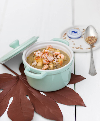 Lentil Soup with Pear and Shrimp Sauté