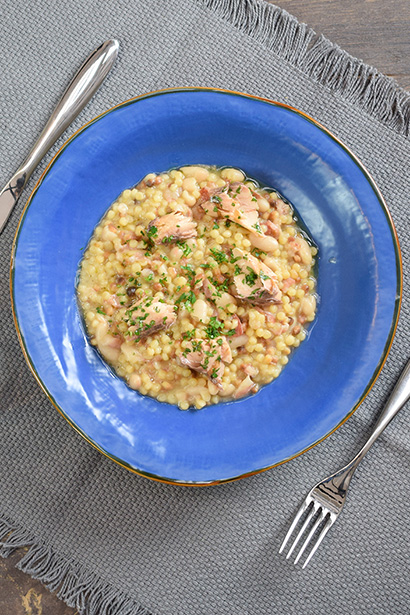 Fregola Pasta with Mackerel Fillets in Vinegar and Cannellini Beans