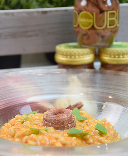 Orzotto alla Crema di Pomodorini arrosto e Alici Double