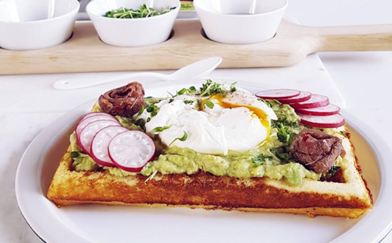 Avocado Waffles with Anchovy Sauce