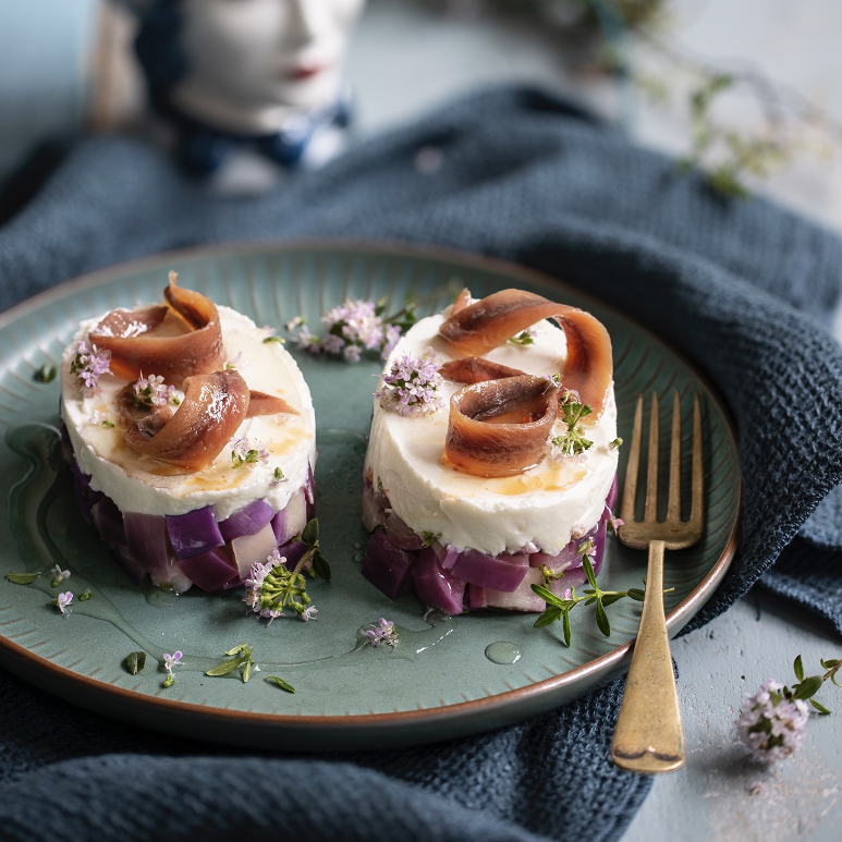 Eggplant tartare with Goat Cheese and Delicius Anchovies from Sicily