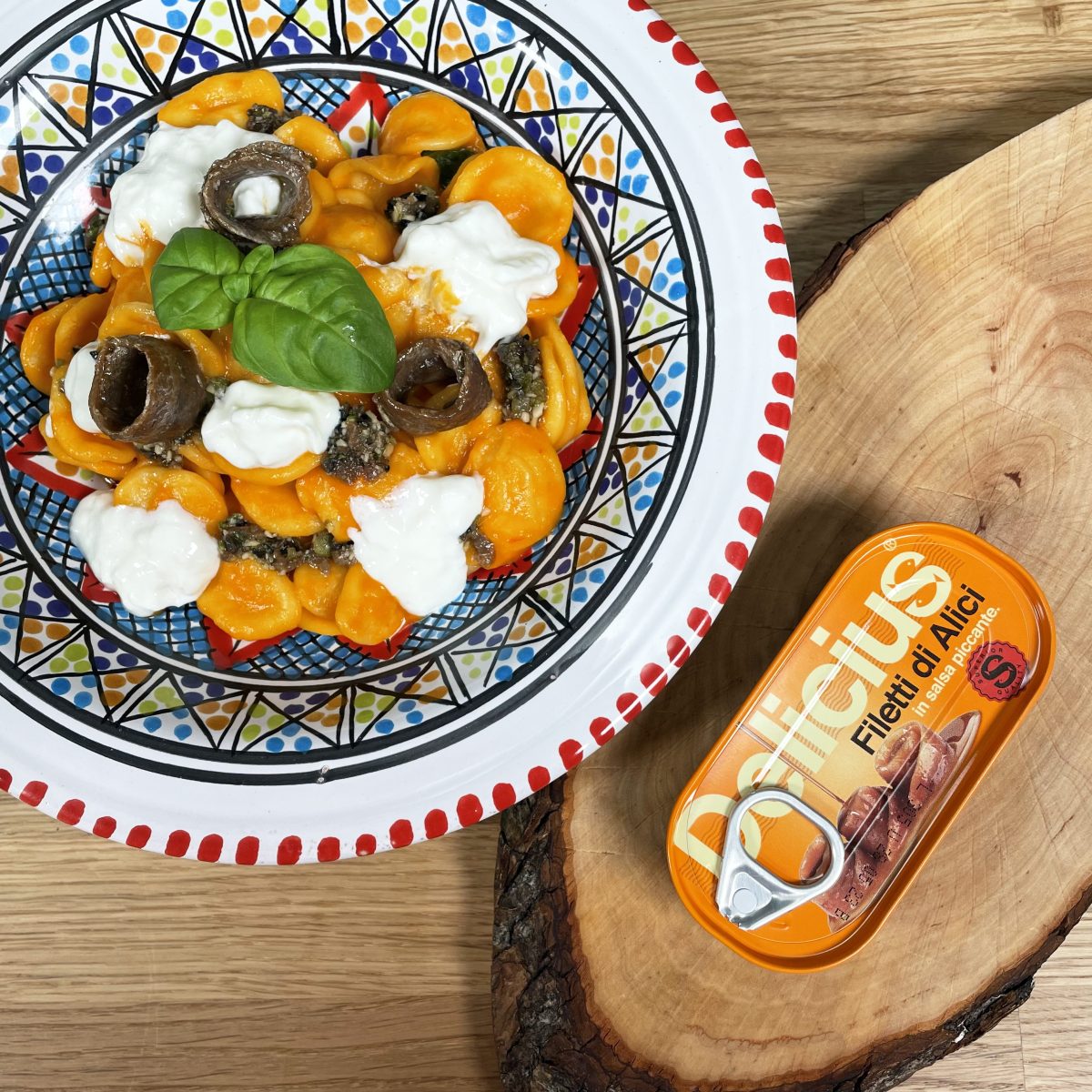 Orecchiette with Fresh Tomato Sauce, Stracciatella Cheese and Anchovy Tapenade