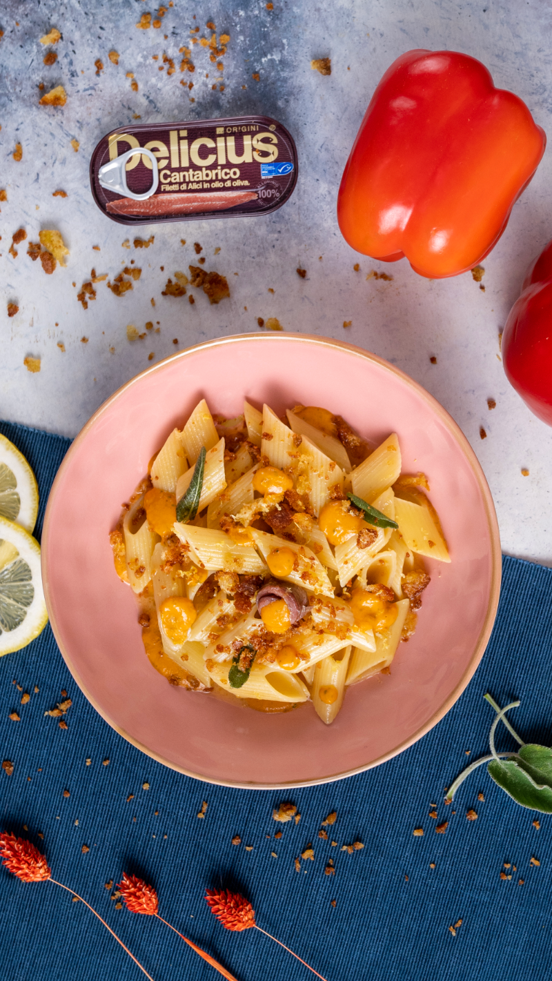 Butter and Sage Pennoni Pasta with Cantabrian Anchovies flavored Crumble and Pepper Cream