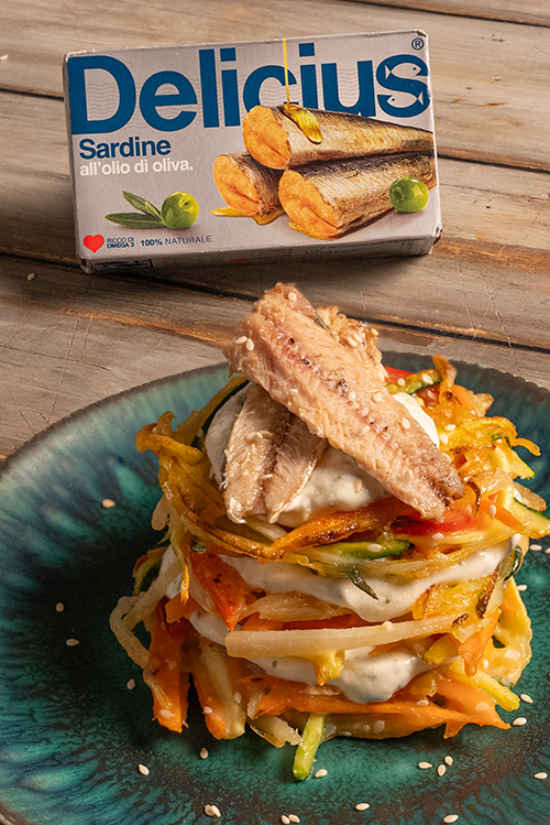 Vegetable Fritters with Greek Yogurt Mint Sauce and Sardines
